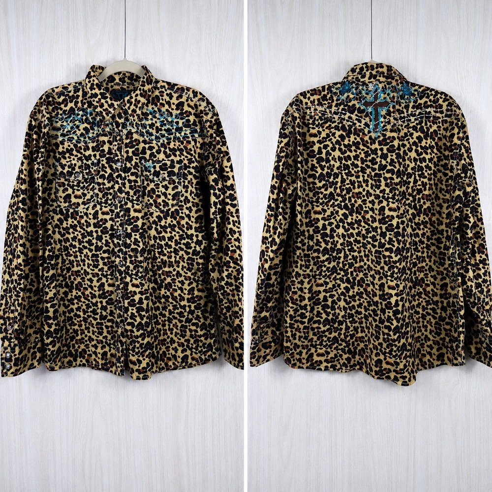 Cowgirl‎ Hardware Shirt Womens XL Leopard Embroidered Western Pearl Snap Rodeo